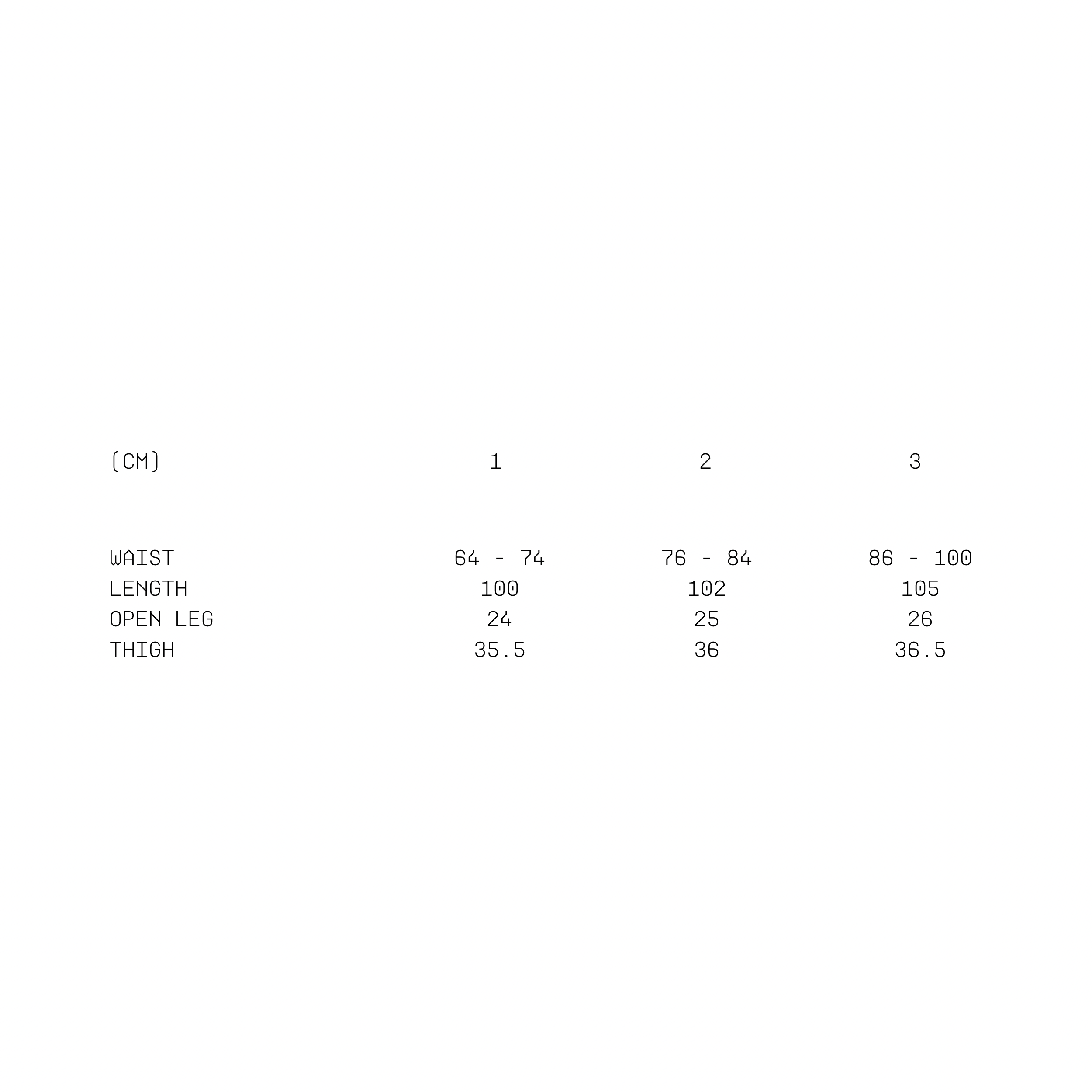 Size chart Path Pleated Technical Pants